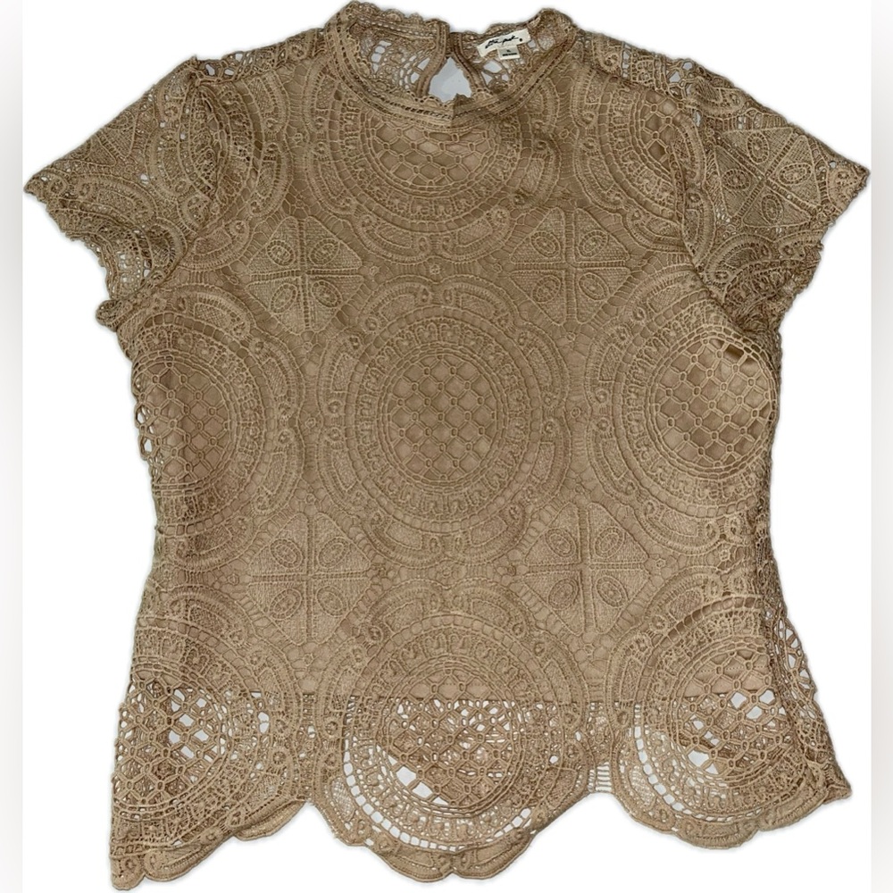 Ultra Pink Neutral Crochet Lace Sheer Back Blouse